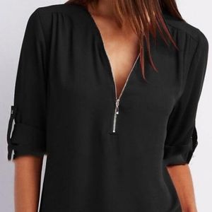 Black Blouse with zipper v neck and pocket